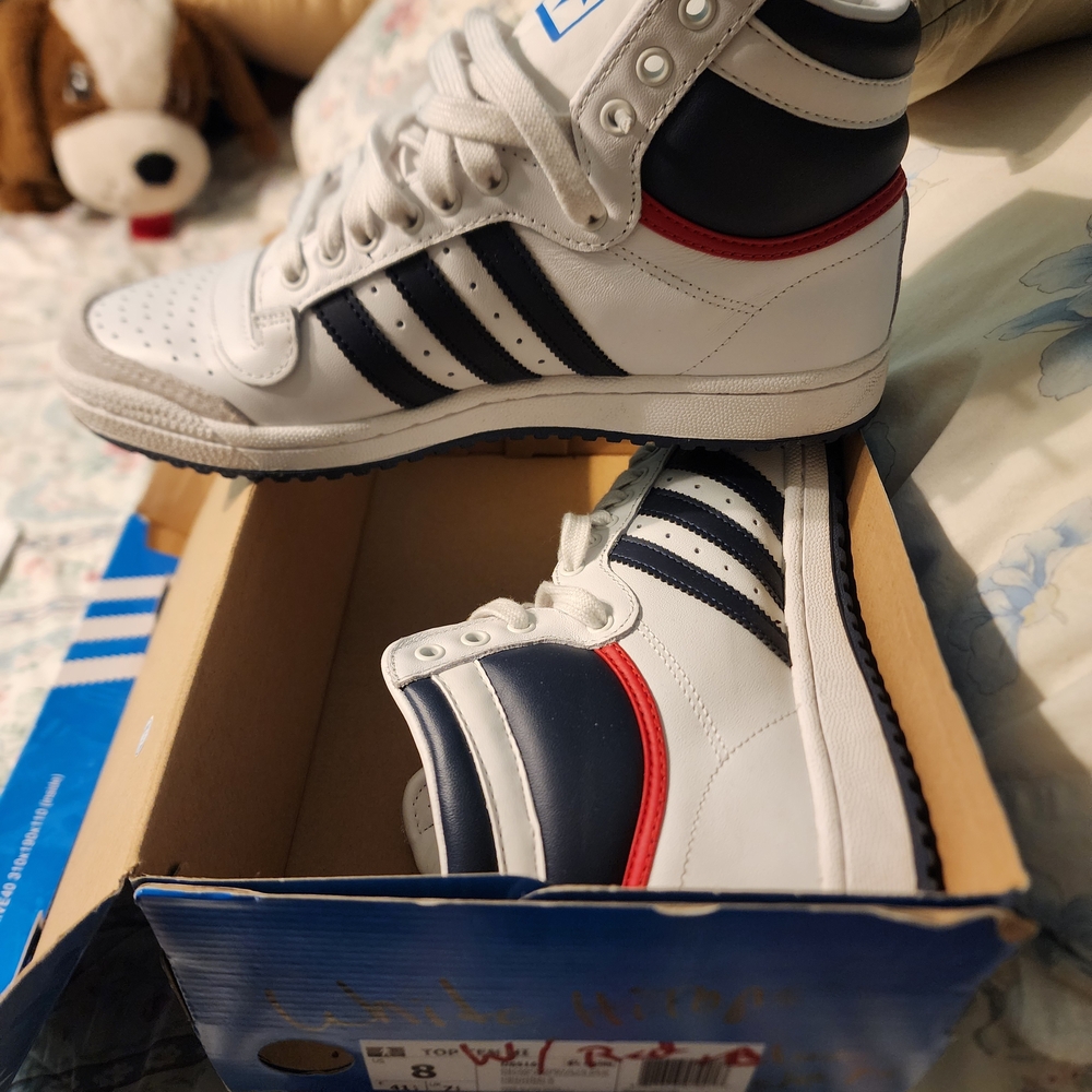 High 10....Hi Top Adias White With Black Stripes...